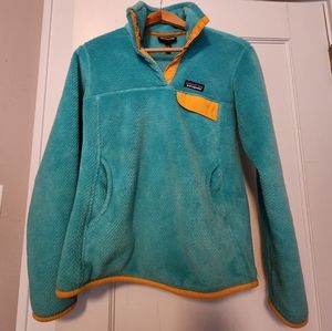 Patagonia women's small re-tool snap t fleece pullover blue with yellow trim